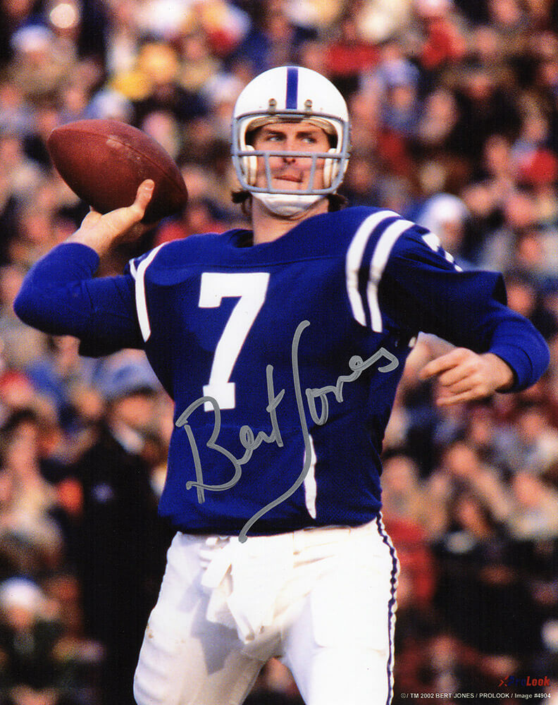 JON08P341 8 x 10 in. Bert Jones Signed Indianapolis Colts Blue Jersey Passing Action Photo
