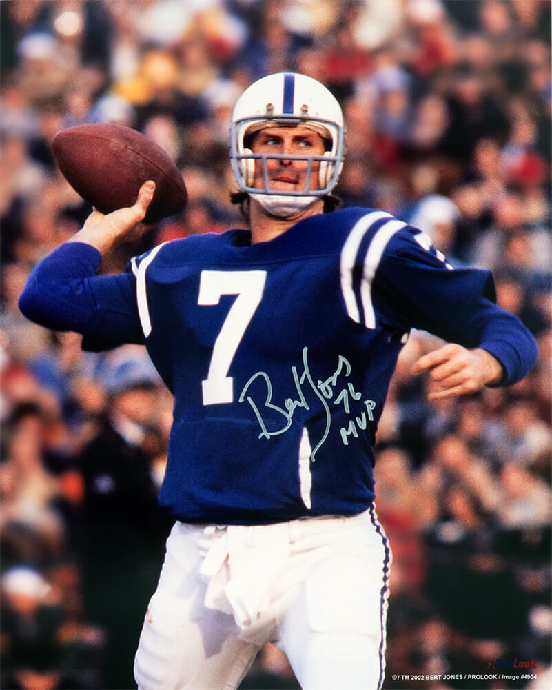 JON16P311 16 x 20 in. Bert Jones Signed Indianapolis Colts Blue Jersey Passing Action Photo with 76 MVP
