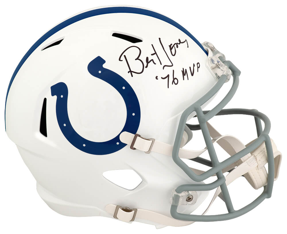 JONREP342 Bert Jones Signed Indianapolis Colts Riddell Full Size Speed Replica Helmet with 76 MVP