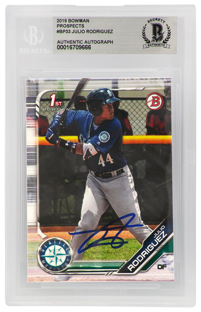 RODCAR122 Julio Rodriguez Signed Seattle Mariners 2019 1st Bowman Prospects Rookie Baseball Card - No.BP33 - Beckett Encapsulated