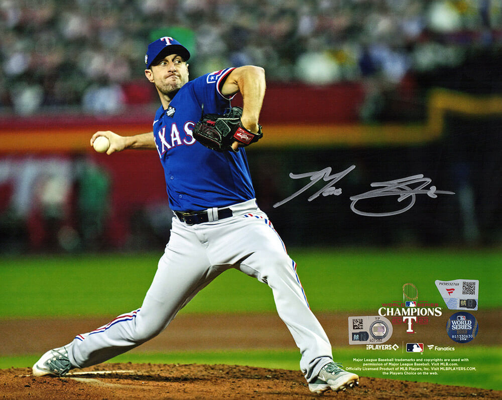 SCH08P145 8 x 10 in. Max Scherzer Signed Texas Rangers 2023 World Series Pitching Photo - Fanatics