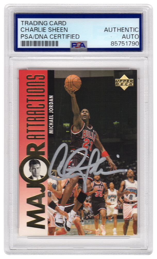 SHECAR511 Charlie Sheen Signed 1995-96 Upper Deck Major Attractions Michael Jordan Card - No.339 - PSA Encapsulated