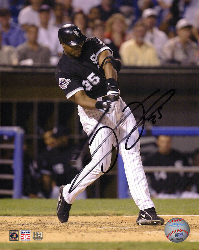 THO08P108 8 x 10 in. Frank Thomas Signed Chicago White Sox Black Jersey Swinging Photo