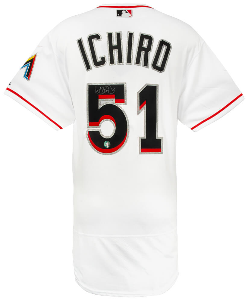 SUZJRY100 Ichiro Suzuki Signed Miami Marlins White Majestic Authentic Flex Base Baseball Jersey - Ichiro Hologram