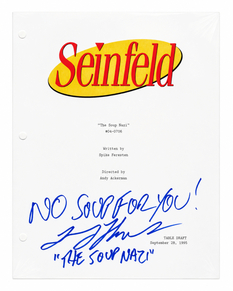 THOOTH501 Larry Thomas Signed Seinfeld the Soup Nazi Episode Script Cover Page with the Soup Nazi, No Soup for You