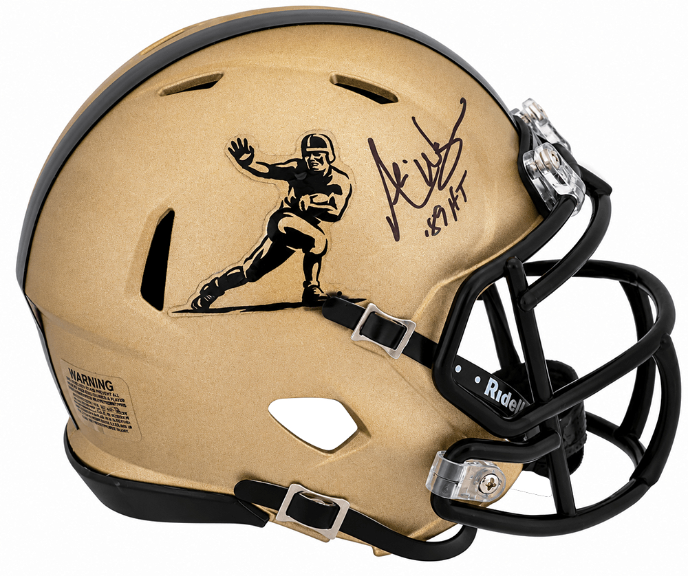 WARMIN342 Andre Ware Signed Heisman Trophy Logo Gold Riddell Speed Mini Helmet with 89-HT
