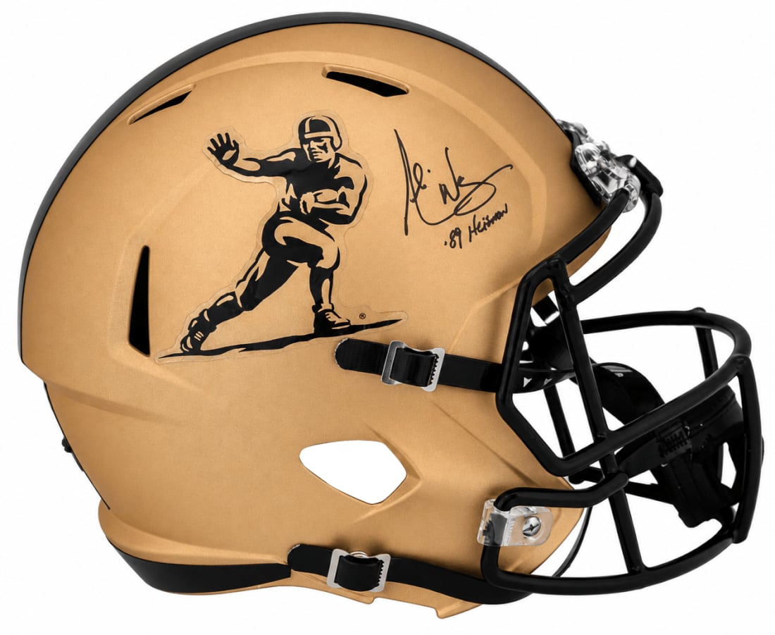 WARREP352 Andre Ware Signed Heisman Trophy Logo Gold Riddell Full Size Speed Replica Helmet with 89 Heisman