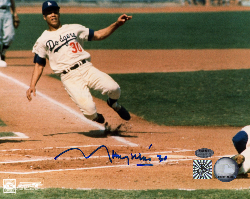 WIL08P131TW 8 x 10 in. Maury Wills Signed Los Angeles Dodgers Sliding Into Home Photo