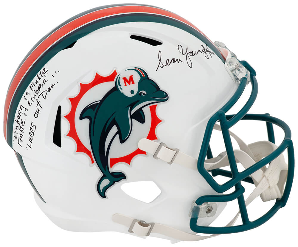 YOUREP500 Sean Young Signed Miami Dolphins Riddell Full Size Speed Replica Helmet with Laces Out, Dan & Quote