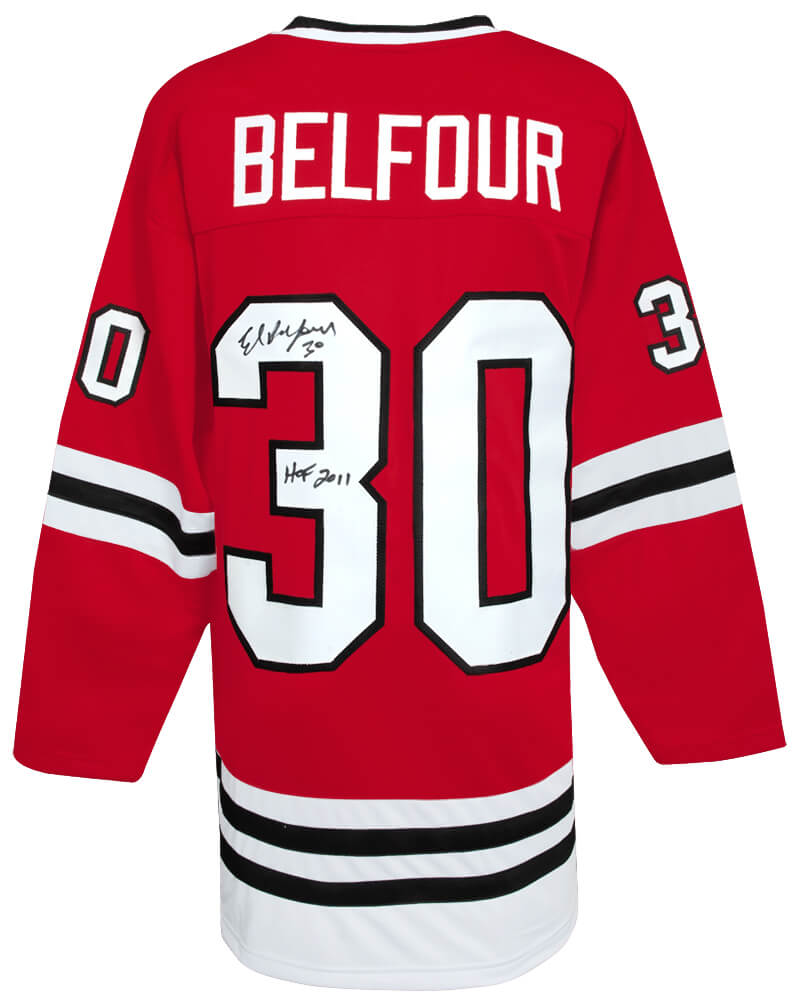 BELJRY408 Ed Belfour Signed Red Throwback Custom Hockey Jersey with HOF 2011