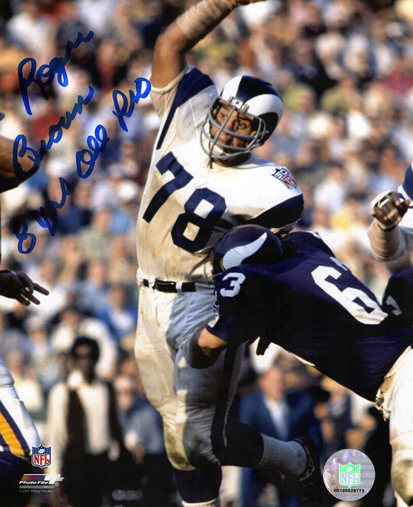 BRO08P383TW 8 x 10 in. Roger Brown Signed Los Angeles Rams vs Vikings Action Photo with 8 Years All Pro