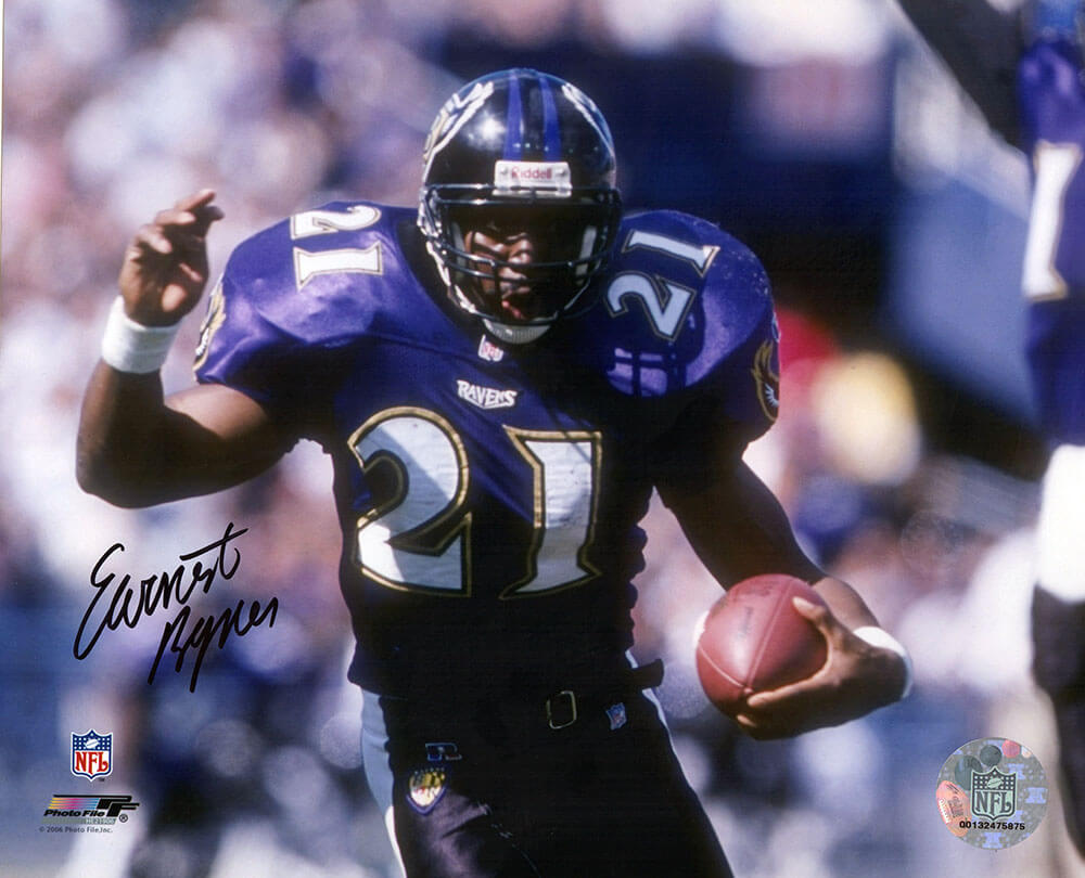 BYN08P302 8 x 10 in. Earnest Byner Signed Baltimore Ravens Purple Jersey Action Photo