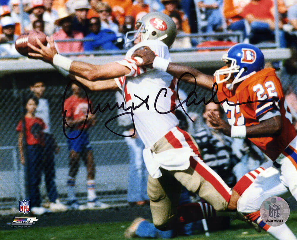 CLA08P302TW 8 x 10 in. Dwight Clark Signed San Francisco 49ers White Jersey Catching Football Photo