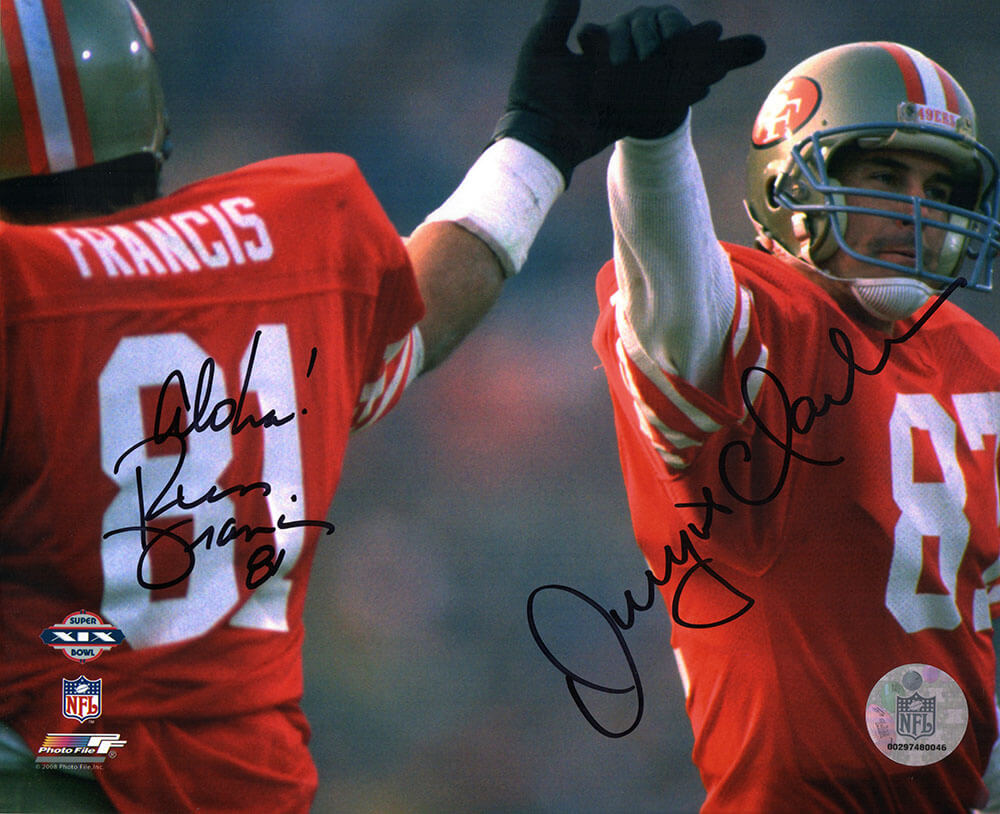 CLA08P303TW 8 x 10 in. Dwight Clark & Russ Francis Signed San Francisco 49ers High Five Photo with Aloha