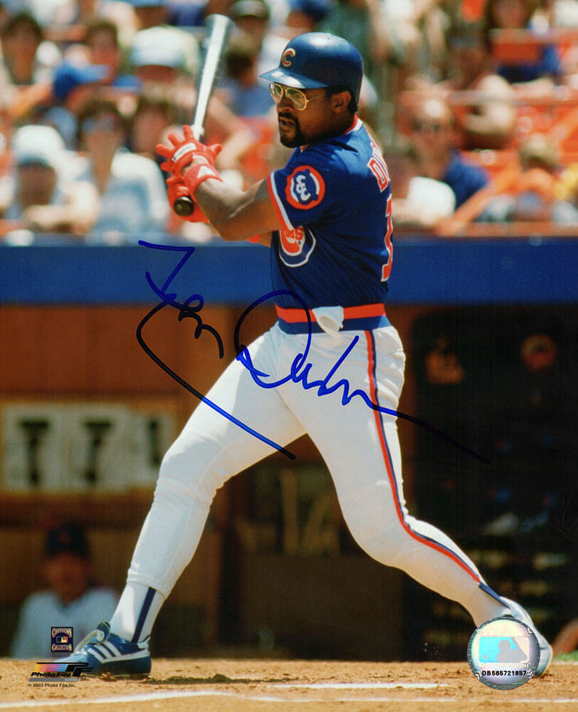 DUR08P103 8 x 10 in. Leon Durham Signed Chicago Cubs Blue Jersey Swinging Action Photo