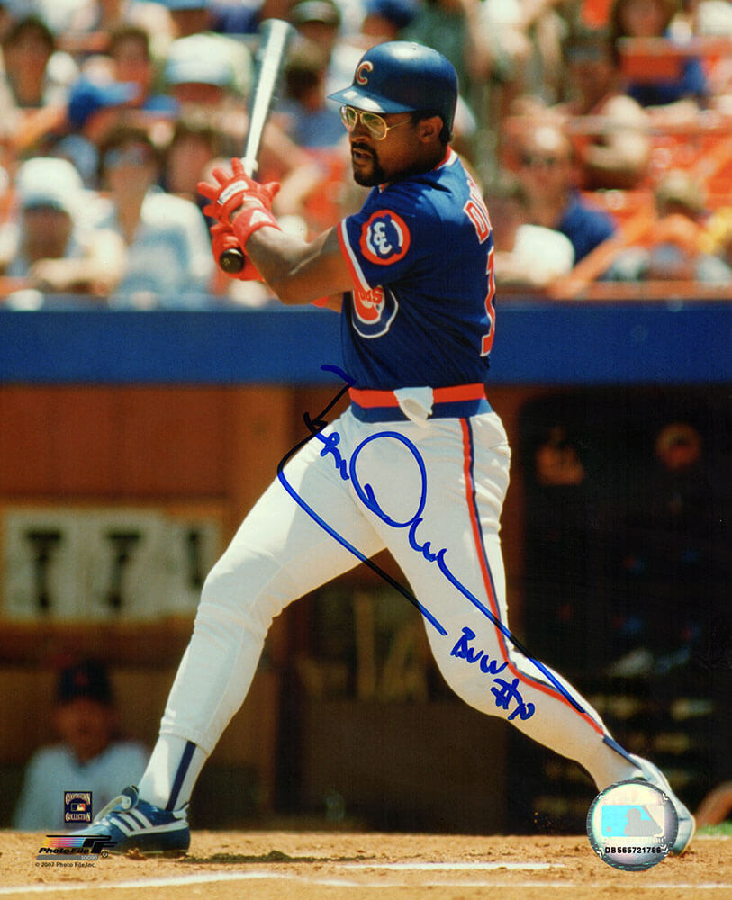 DUR08P104 8 x 10 in. Leon Durham Signed Chicago Cubs Blue Jersey Swinging Action Photo with Bull