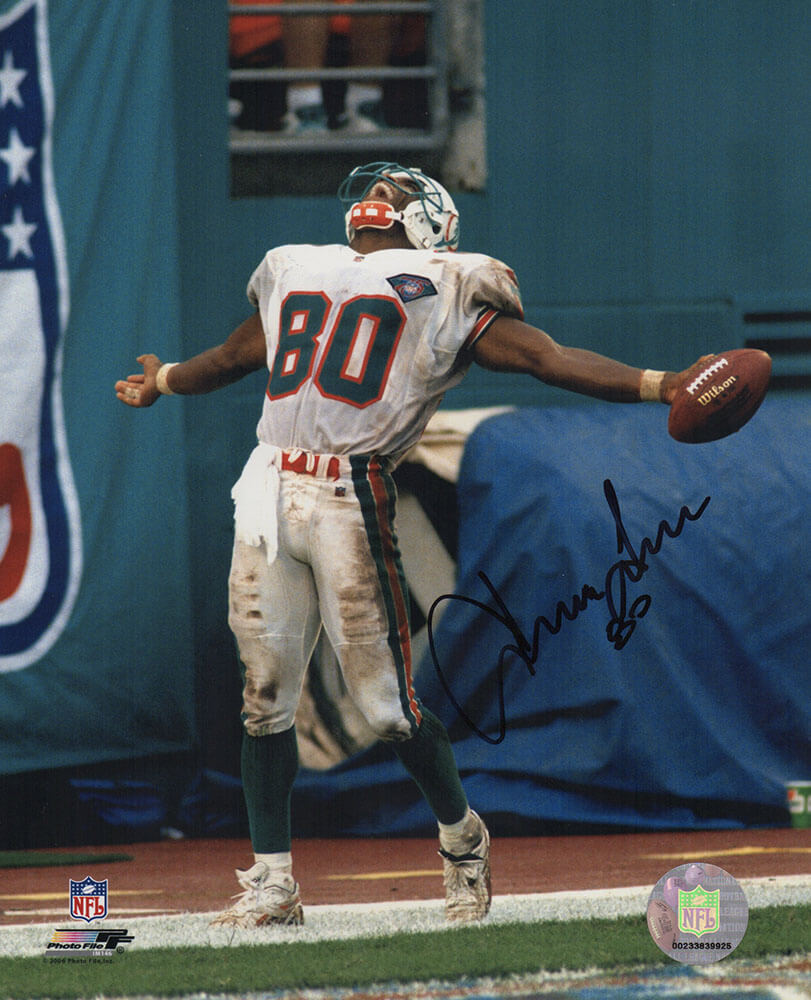 FRY08P301 8 x 10 in. Irving Fryar Signed Miami Dolphins White Jersey Celebration Photo