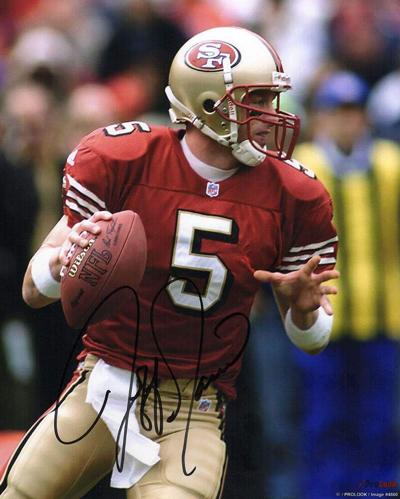 GAR08P300 8 x 10 in. Jeff Garcia Signed San Francisco 49ers Red Jersey Passing Action Photo