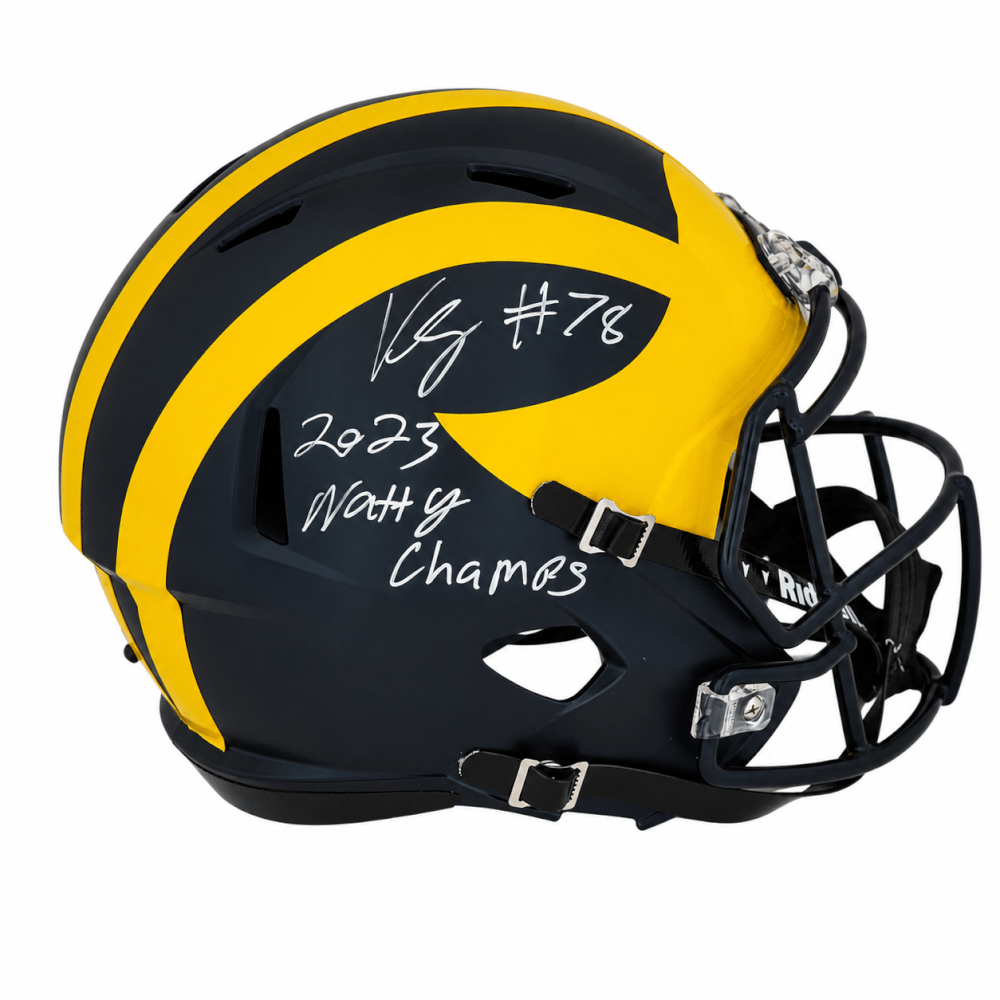GRAREP320 Kenneth Grant Signed Michigan Wolverines Riddell Full Size Speed Replica Helmet with 2023 Natty Champs