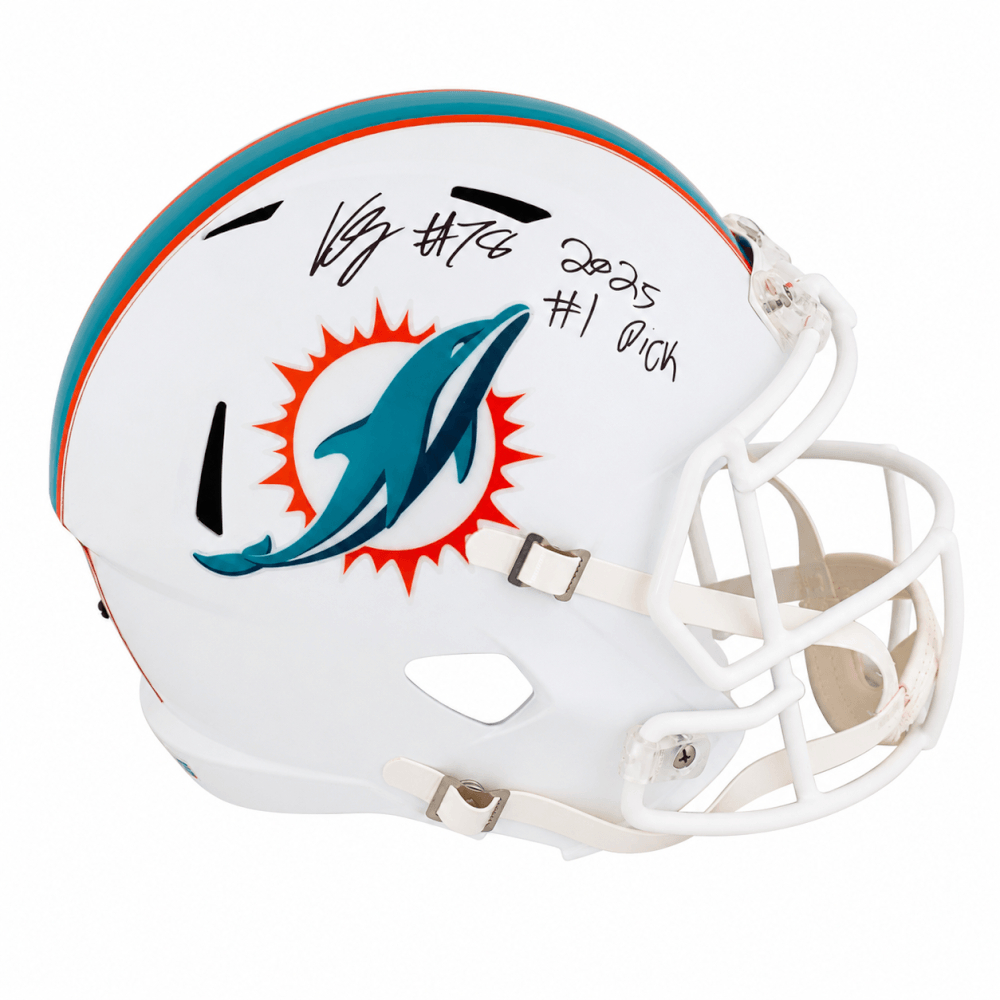 GRAREP321 Kenneth Grant Signed Miami Dolphins Riddell Full Size Speed Replica Helmet with 2025 No.1 Pick