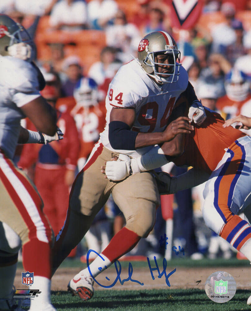HAL08P300 8 x 10 in. Charles Haley Signed San Francisco 49ers White Jersey Action vs Broncos Photo