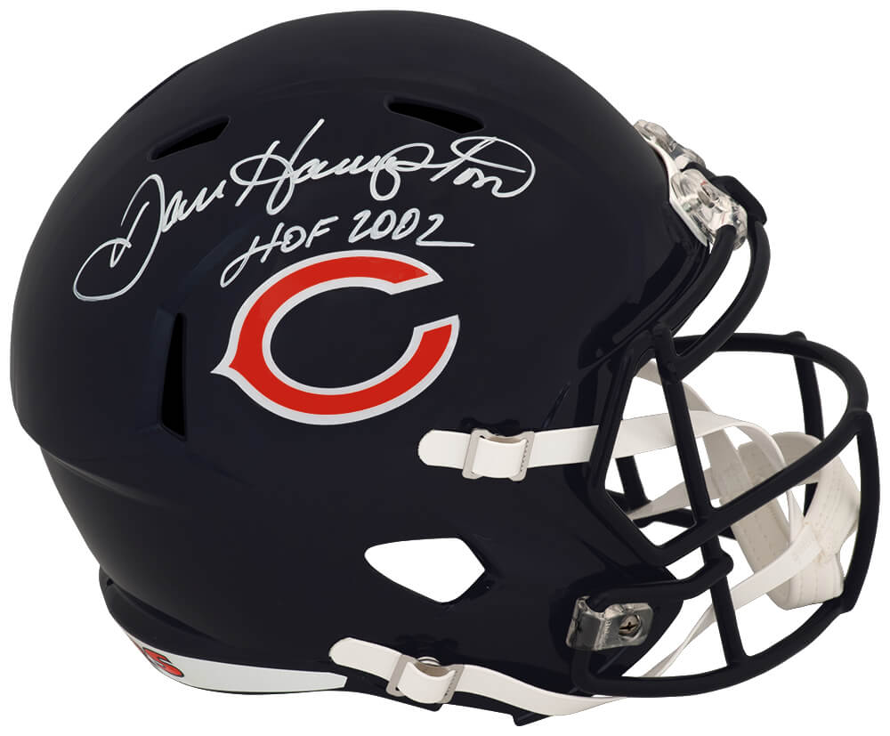 HAMREP342 Dan Hampton Signed Chicago Bears Riddell Full Size Speed Replica Helmet with HOF 2002 - White Ink
