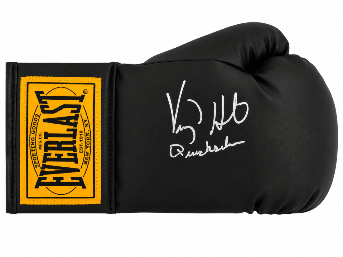 HILGLV509 Virgil Hill Signed Everlast Black Full Size Boxing Glove with Quicksilver