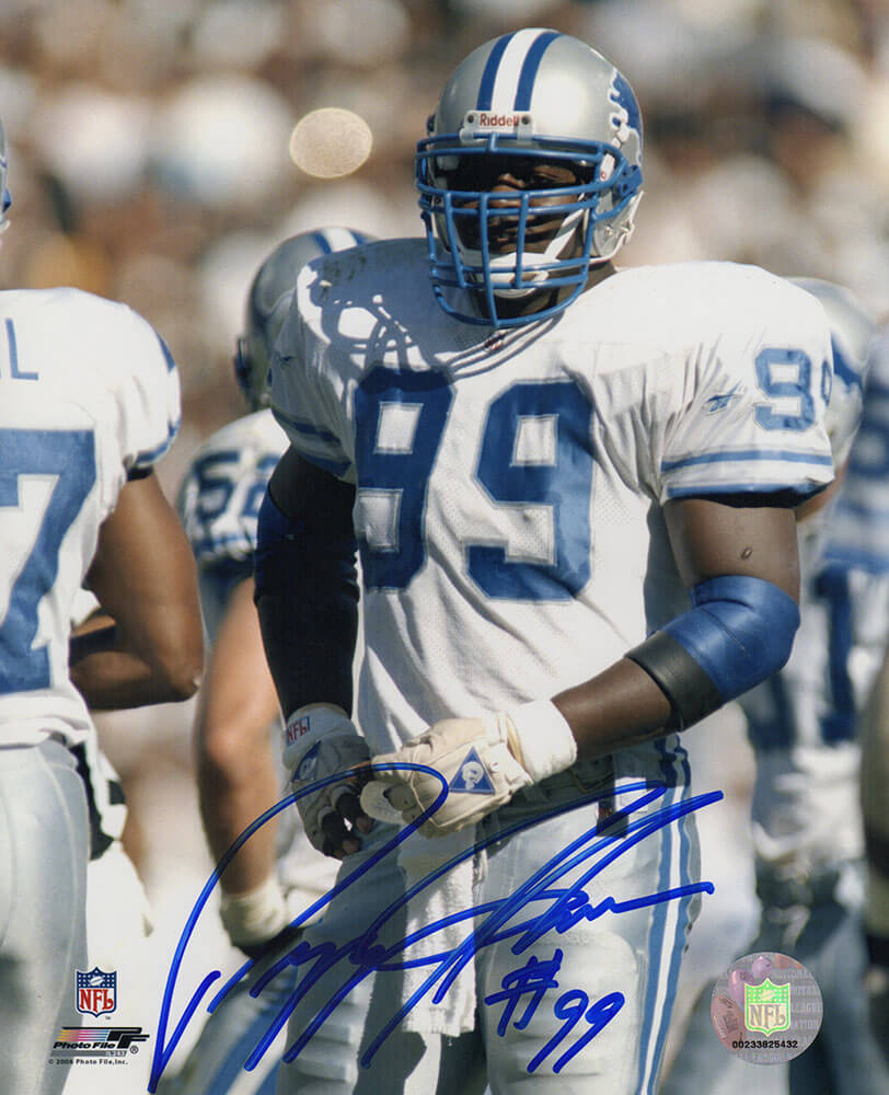 JOH08P313 8 x 10 in. Pepper Johnson Signed Detroit Lions White Jersey Close Up Photo