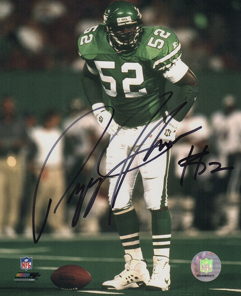 JOH08P314 8 x 10 in. Pepper Johnson Signed   York Jets Green Jersey Over Football Photo