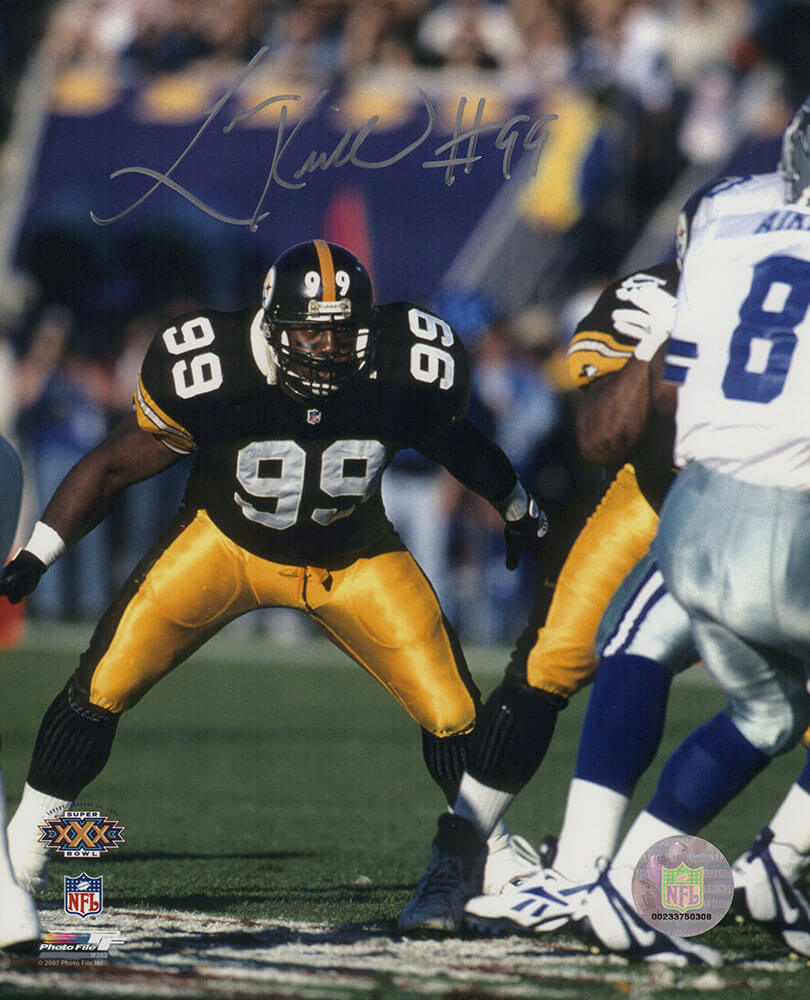 KIR08P303 8 x 10 in. Levon Kirkland Signed Pittsburgh Steelers Super Bowl XXX Black Jersey Action Photo