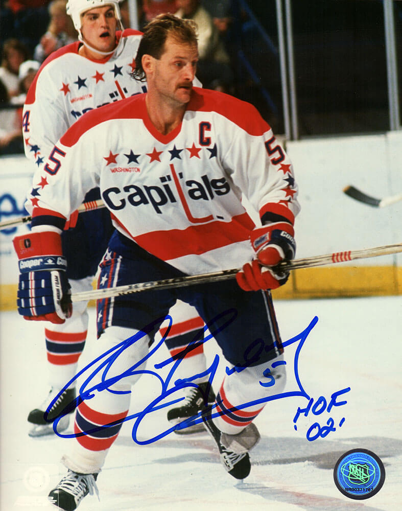 LAN08P400 8 x 10 in. Rod Langway Signed Washington Capitals White Jersey Holding Stick Action Photo with HOF-02