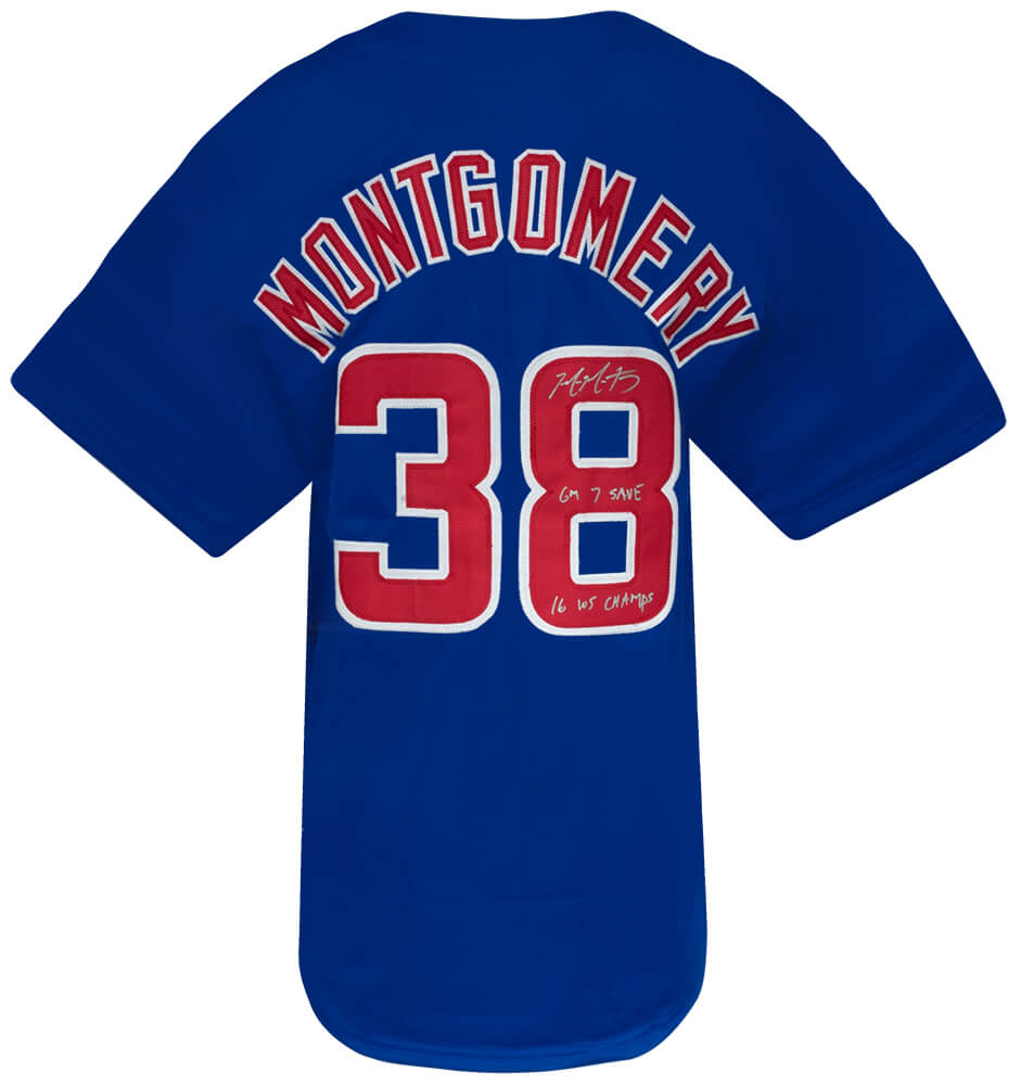 MONJRY127 Mike Montgomery Signed Blue Custom Baseball Jersey with 16 WS Champs, Gm 7 Save