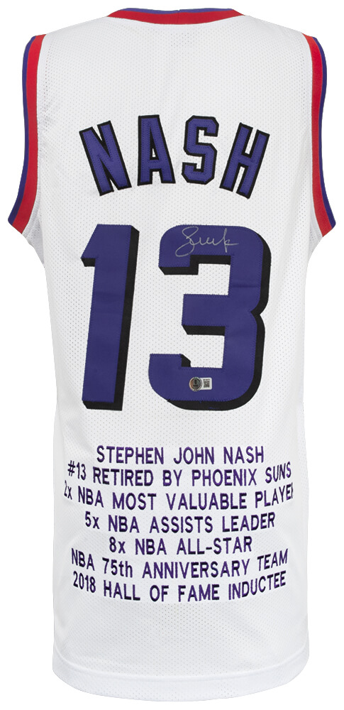 NASJRY200 Steve Nash Signed White Embroidered Stat Basketball Custom Jersey - Beckett