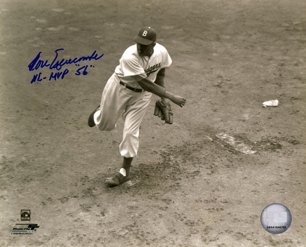 08P111TW 8 x 10 in. Don  combe Signed Brooklyn Dodgers Black & White Pitching Photo with NL MVP 56