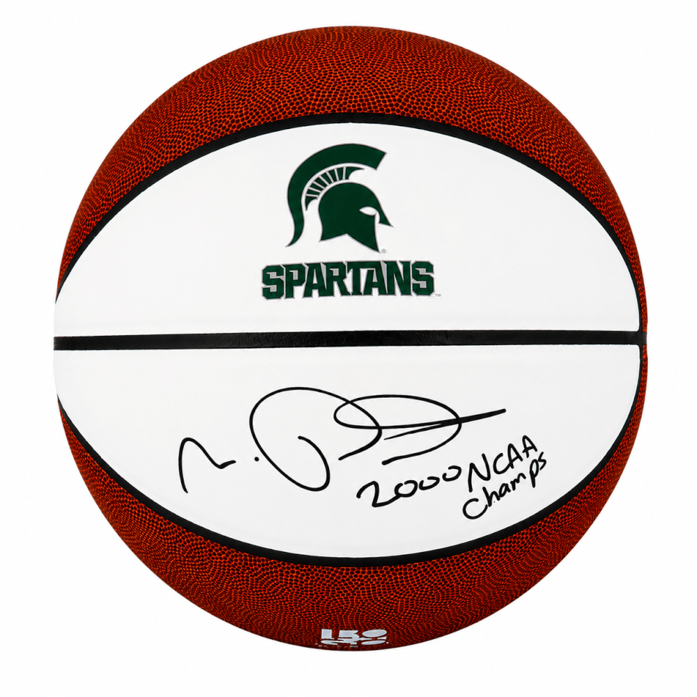 PETBSK200 Morris Peterson Signed Michigan State Spartans Logo Brands White Logo Basketball with 2000 NCAA Champs