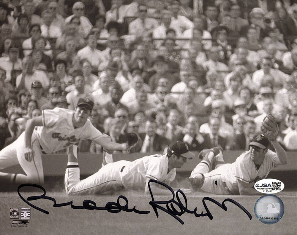 ROB08P106 8 x 10 in. Brooks Robinson Signed Baltimore Orioles Triple Diving Image Black & White Photo - JSA