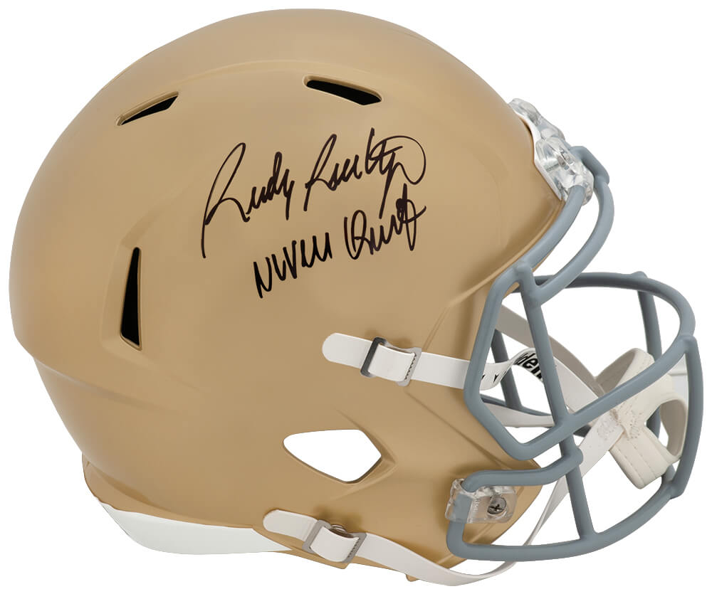 RUEREP314 Rudy Ruettiger Signed Notre Dame Riddell Full Size Speed Replica Helmet with Never Quit