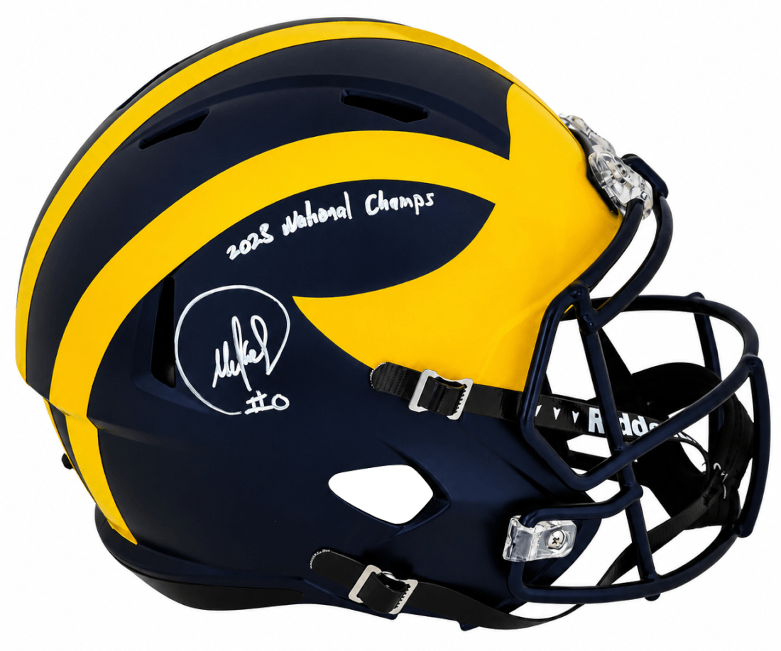 SAIREP300 Mike Sainristil Signed Michigan Wolverines Riddell Full Size Speed Replica Helmet with 2023 National Champs