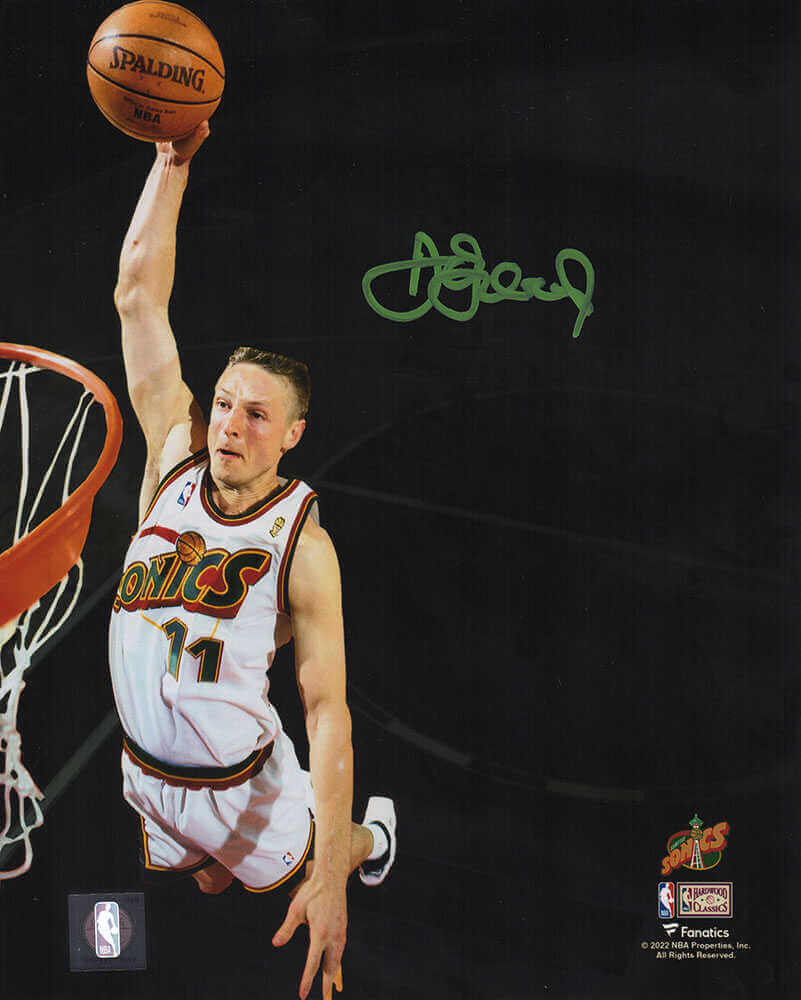 SCH08P210 8 x 10 in. Detlef Schrempf Signed Seattle Supersonics Dunk Spotlight Photo