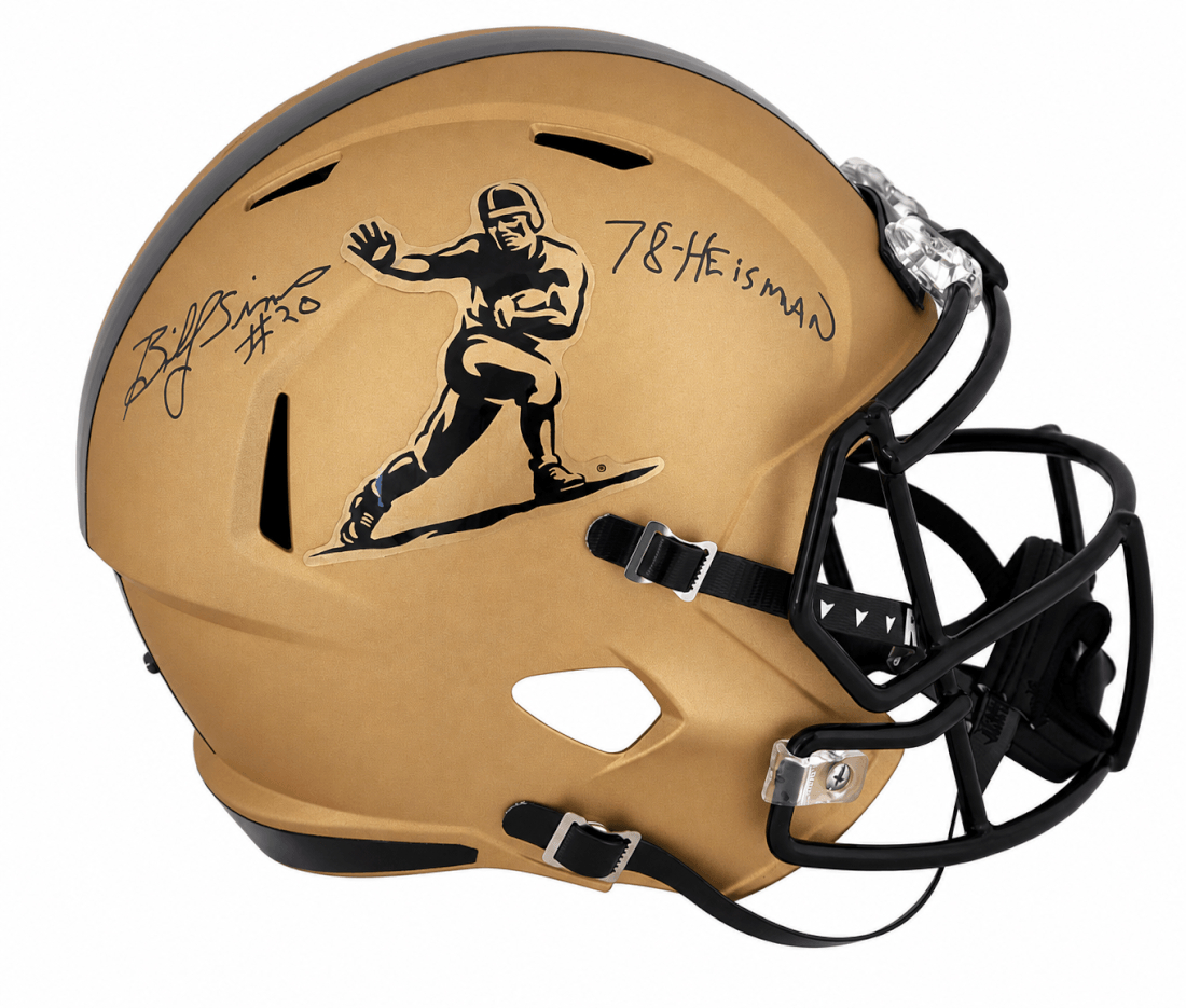 SIMREP356 Billy Sims Signed Heisman Trophy Logo Gold Riddell Full Size Speed Replica Helmet with 78 Heisman