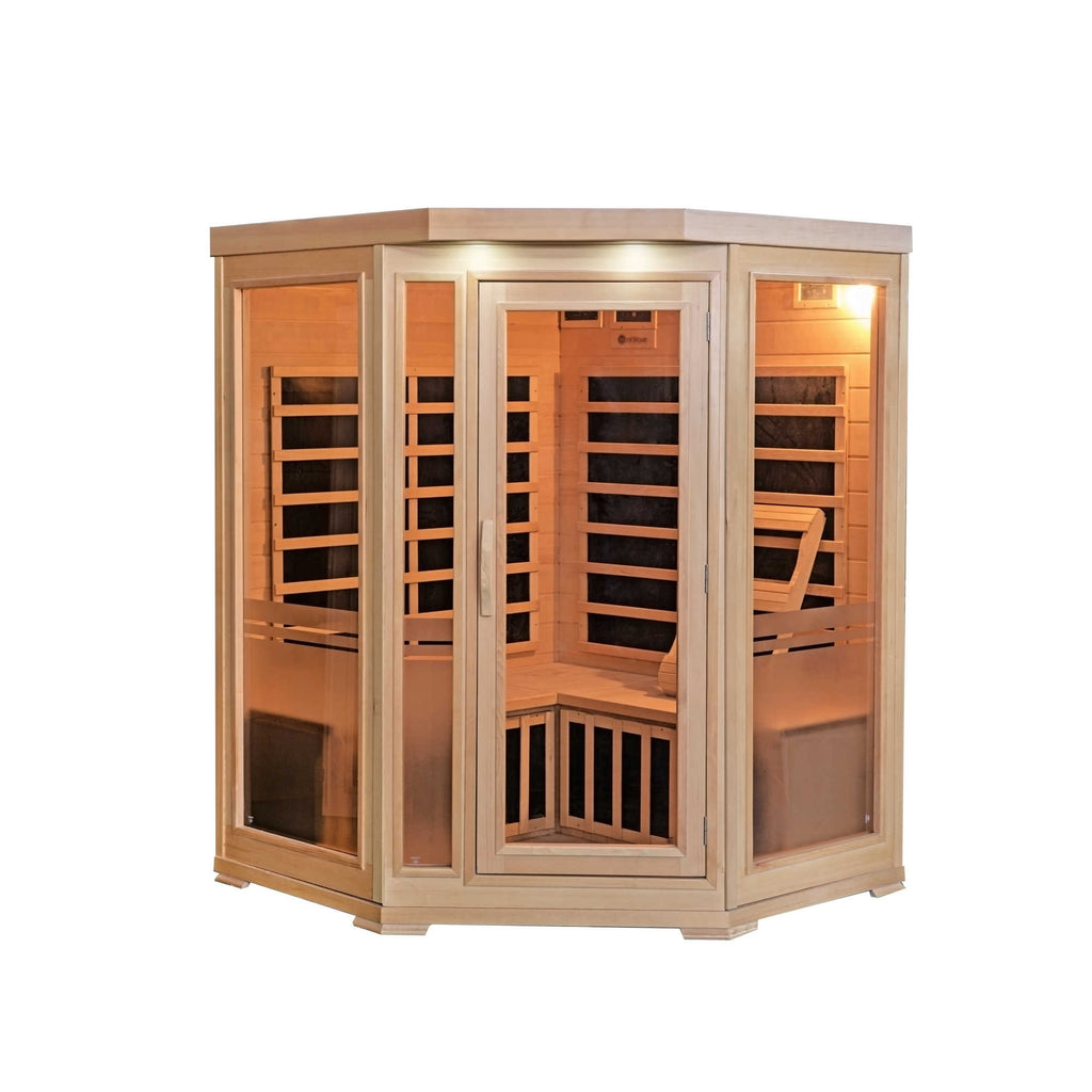 Picture of Blue Wave SA7019 Sonoma 3-Person Hemlock Infrared Corner Sauna with 7 Carbon Heaters&#44; Natural & Clear