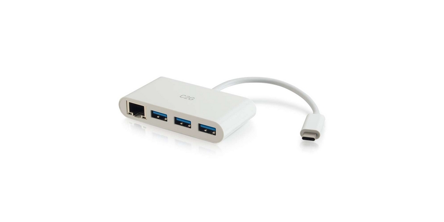 29746 USB C Ethernet Adapter & 3 Port USB Hub - White -  C2G