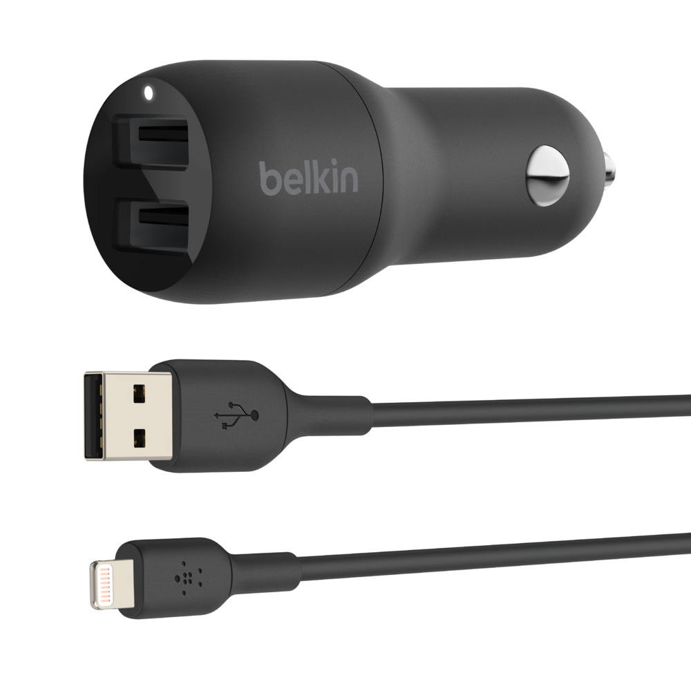 Picture of Belkin Components CCD001BT1MBK 1 m Boost Charge Dual USB-A Car Charger 24W Plus USB-A to Lightning Cable