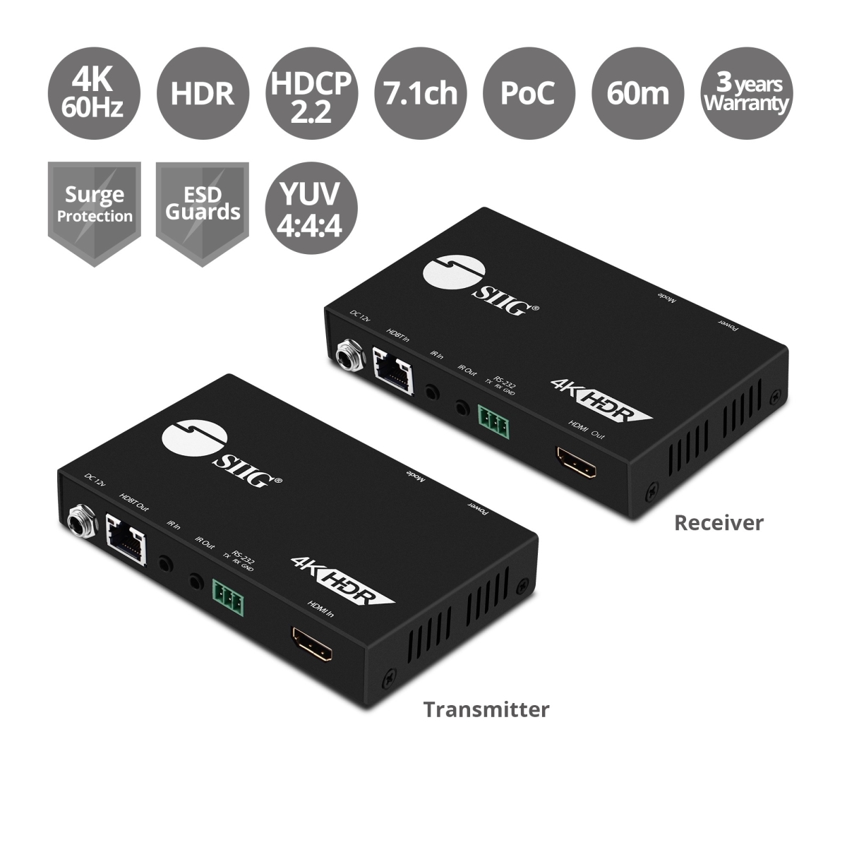 Picture of SIIG CE-H23211-S1 4K HDR HDMI 2.0 Extender Over Single Cat5e & Cat6e with RS-232 & IR - 60 m