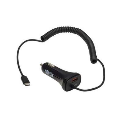 Tripp Lite U280-C02-30W-C6 Dual-Port USB Car Charger with 30W Charging USB-C & Coiled 6 ft. USB-C Cable, Black
