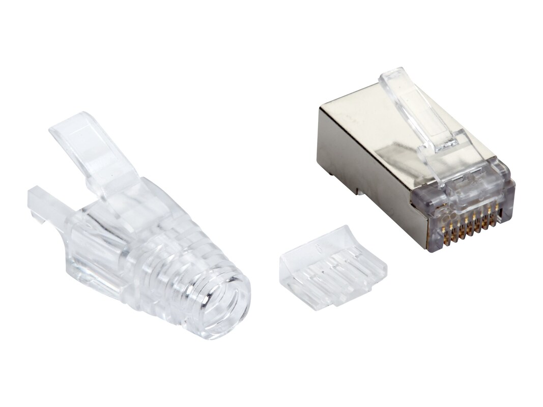 Black Box FMTP6AS-CL-100PAK Clear CAT6A Modular RJ-45 Plugs with Boots, Solid & Stranded STP - Pack of 100