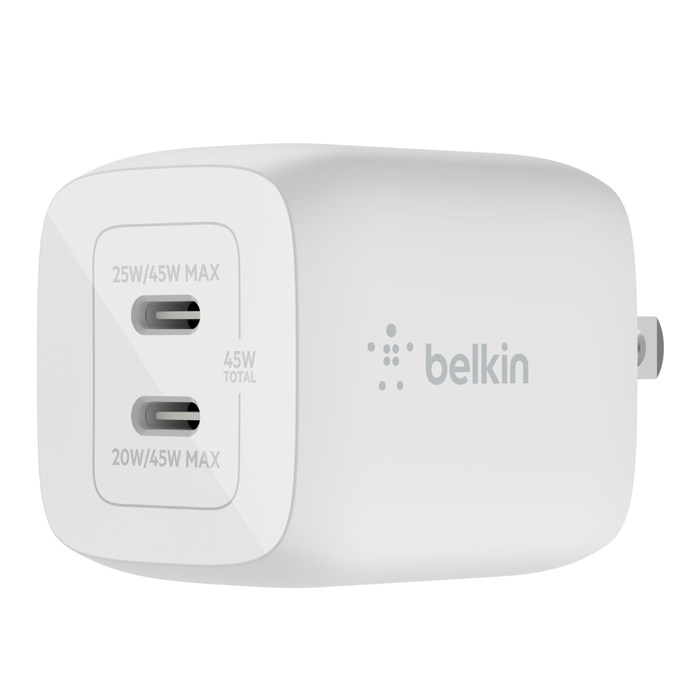Picture of Belkin International WCH011DQWH 45 watt Dual USB-C GaN Wall Charger with PPS - White