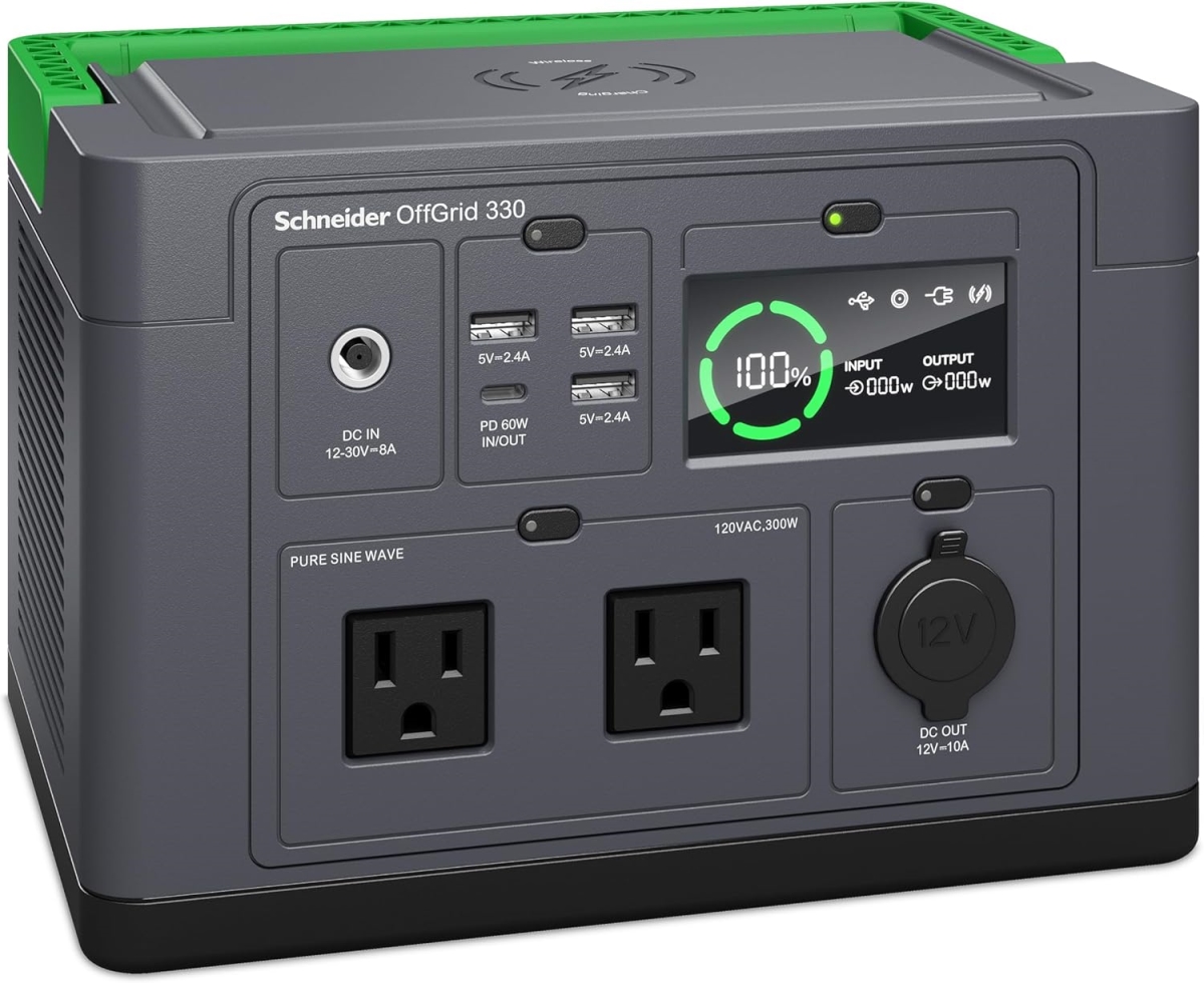 Schneider Electric PPS330 300W Off Grid Portable Power Station Lightweight Solar Generator, Black & White