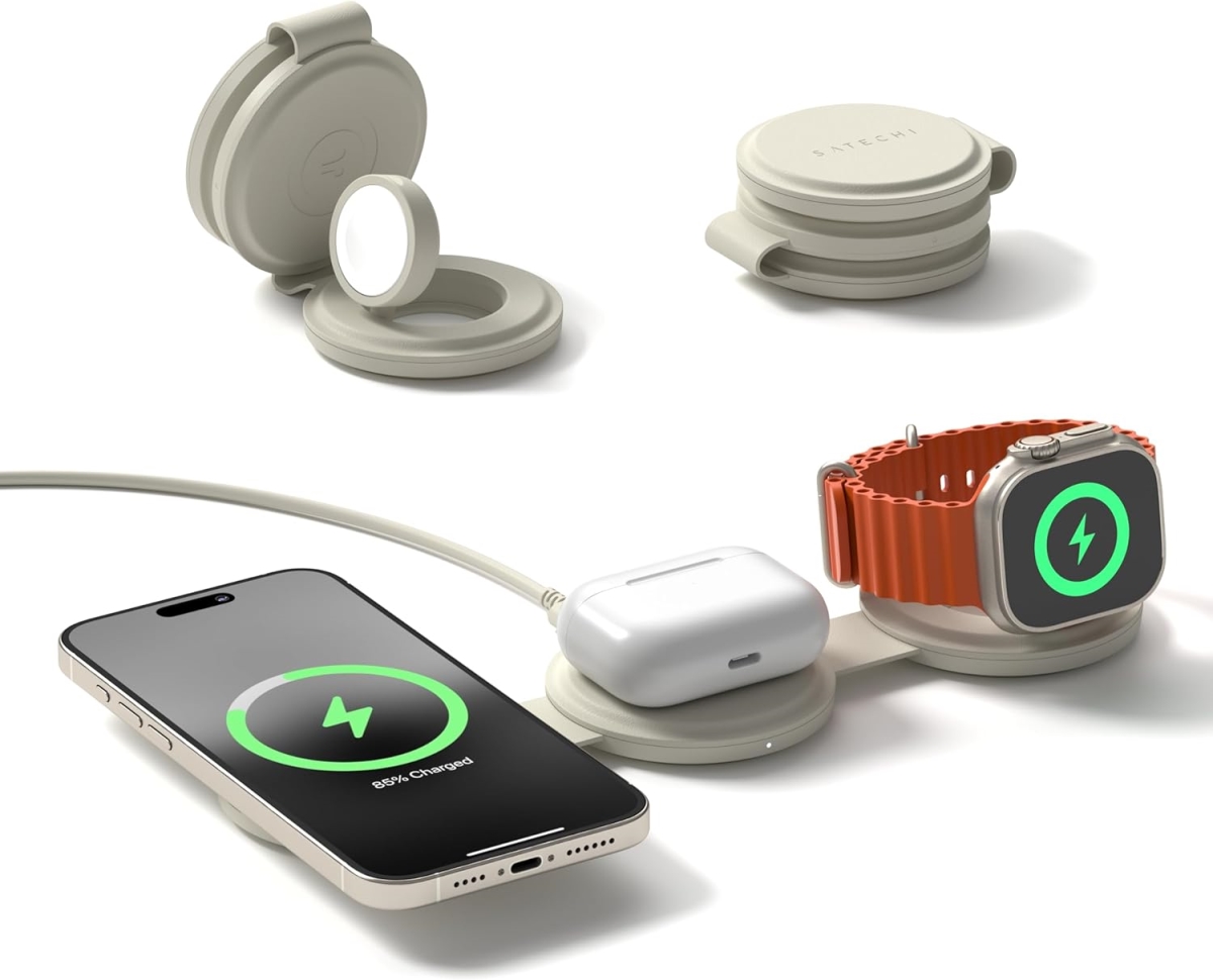 Picture of Satechi ST-QTG31W 3 in 1 Wireless Qi2 Portable Charger with 15W Fast Charging for iPhone&#44; Sand