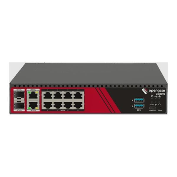 Opengear CM8008 ARM 1.6GHz Quad-Core Industrial Network Gateway - 4GB RAM - 8x RS232 - X2 Pinout - 2x 1GbE-SFP Combo - 2x USB 3.0, Black & Red